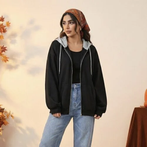 سویشرت زیپ دار کلاه طوسی